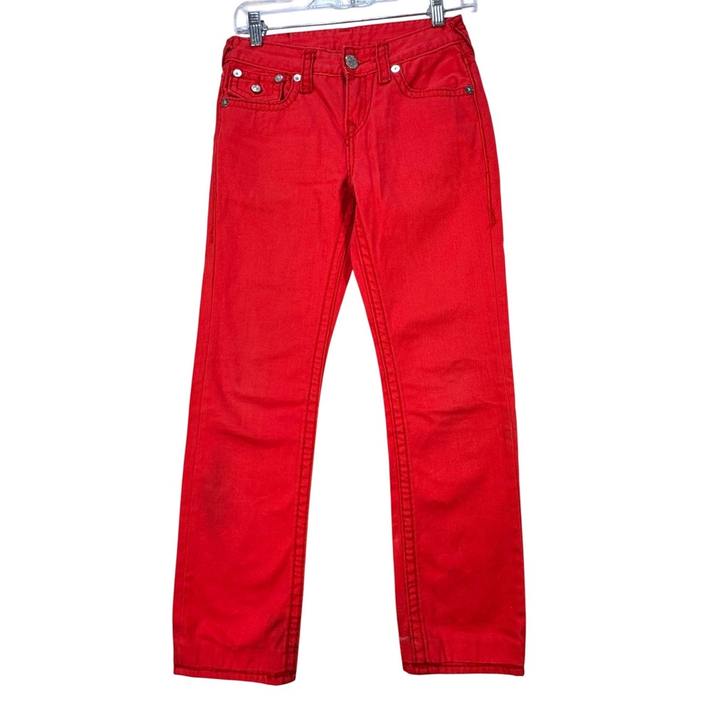 True Religion Skinny Jeans Womens 27" Red Pocket Thick Stitch Y2K Streetwear